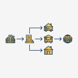 Flat vector workflow linking production, distribution, exhibition and audiences